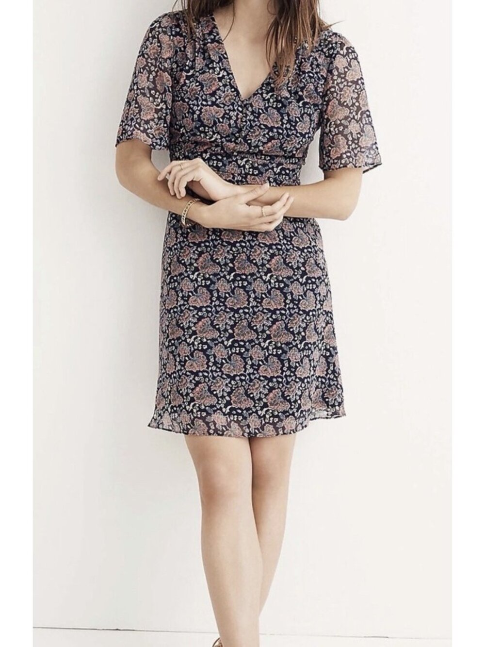 Madewell Orchard Flutter Sleeve Dress Women 12 Navy Floral Knee Length Boho Chic